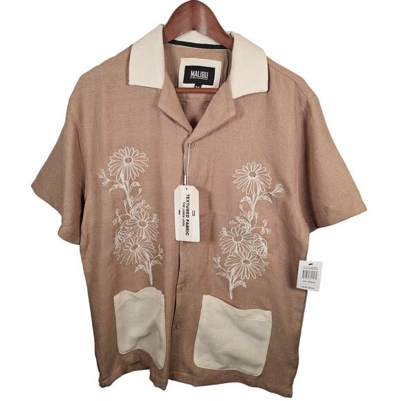 Malibu Drill Clothing Co Shirt Mens Medium Linen Look Textured Fabric Hawaiian - Picture 1 of 8
